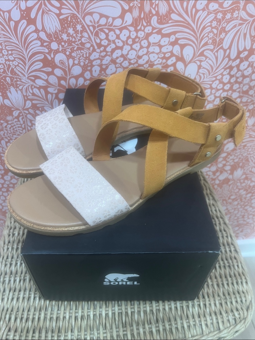 Sorel Ella III Women's Mustard Suede Crisscross Sandals with Cream Lace Strap
